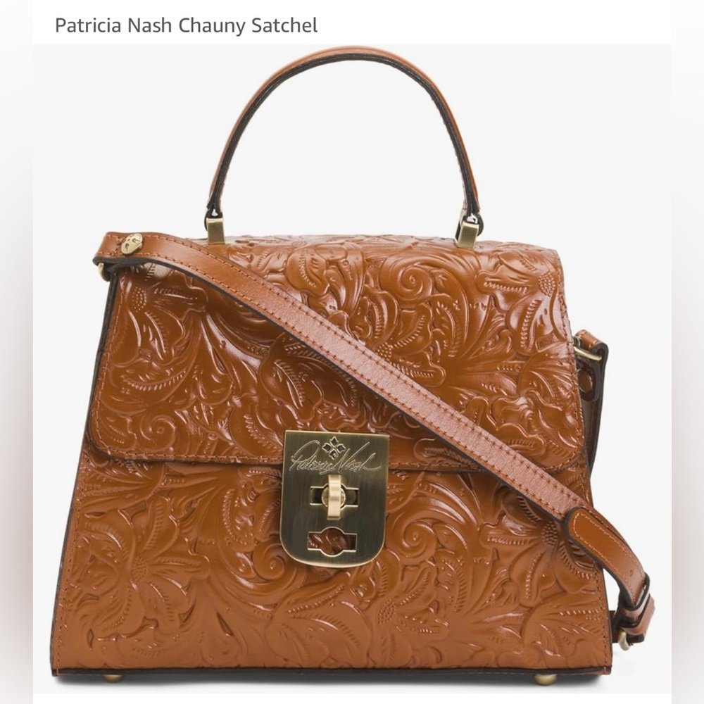 PATRICIA NASH Chauny Satchel Florence Tan Tooled Leather Strap and Dust Bag